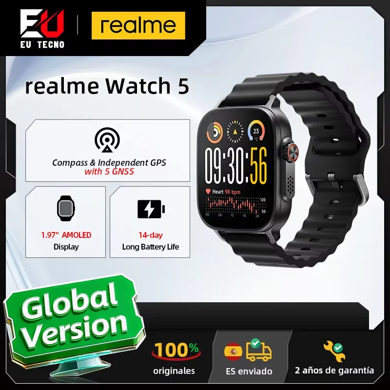 Version globale realme Watch 5 Smartwatch avec boussole et GPS indépendant avec 5 GNSS, écran AMOLED de 1,97 pouces, jusqu'à 14 jours d'autonomie super longue