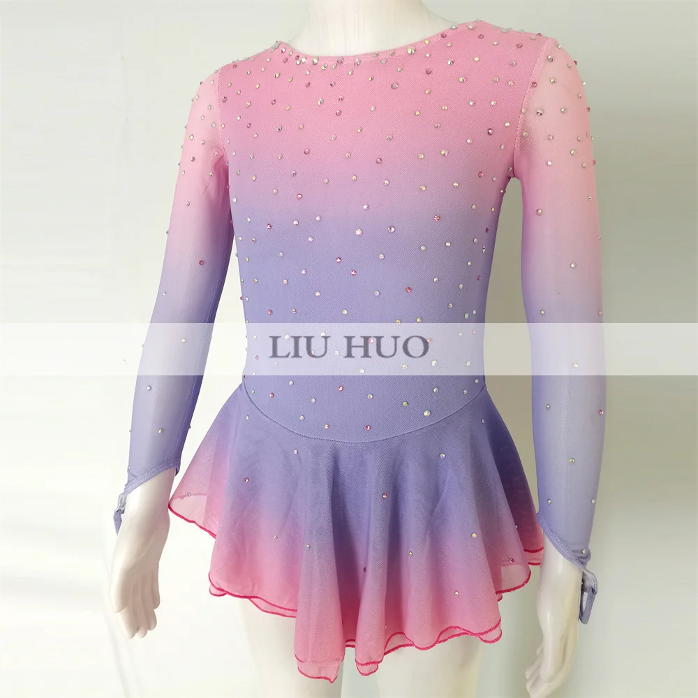 LIUHUO Ice Dance Figure Skating Dress Women Girl Teen Customize Costume Performance Competition Leotard Pink Purple Gradient