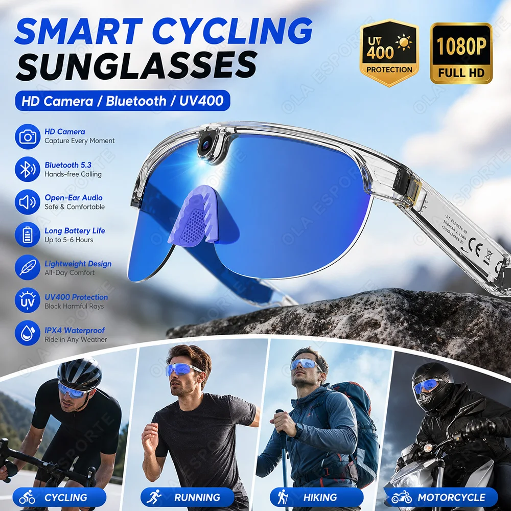 2026 New AI Bluetooth Smart Glasses Camera 1200P Video 4K Anti-shake Cycling Ridi Sports glasses Dual Mic Windproof Goggles Q01