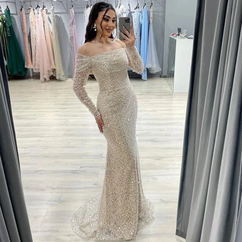 

Sparkly Champagne Beading Sequined Pearls Mermaid Prom Dresses Off Shoulder Saudi Arabic Evening Gowns Formal Dress