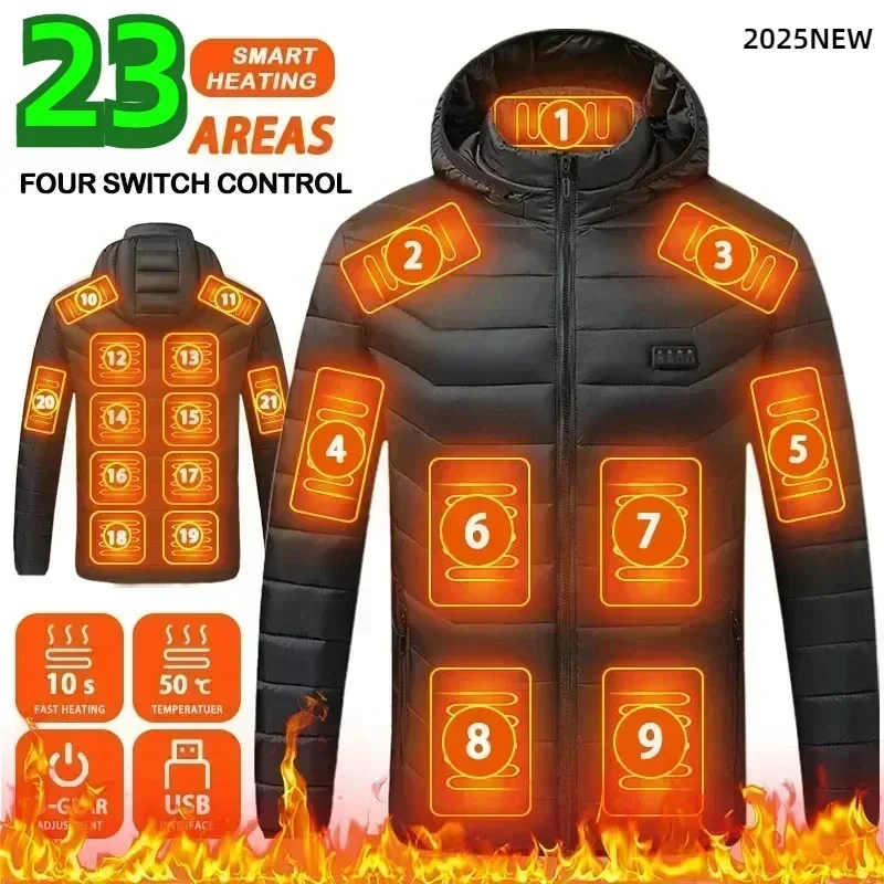 

23 Areas Heated Jacket Men's Winter USB Electric Parkas Smart Self-Heating Clothes Women's Camping Ski Down Cotton Padded Coat