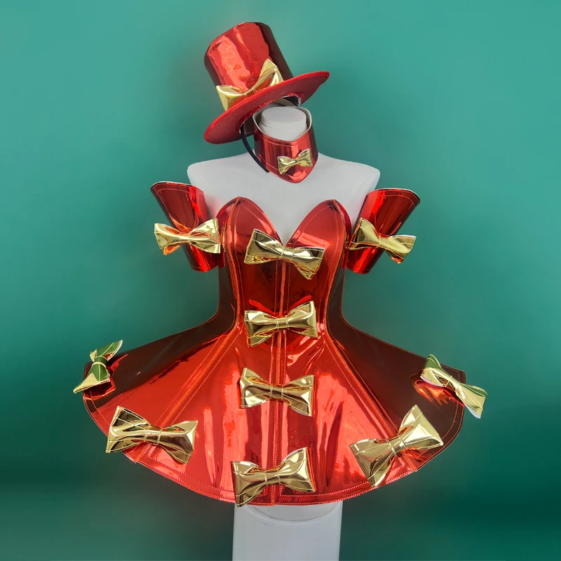 녹색 빨간색 나비넥타이 파티 드레스 모자 섹시한 고고 댄서 의상 여성 코스프레 축제 의상 무대 공연 레이브 의류 XS7276