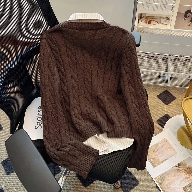 Women Fake Two Piece Sweater Preppy Style Striped Patchwork Cardigan Spring Autumn Single Breasted Short Shirt Sweater