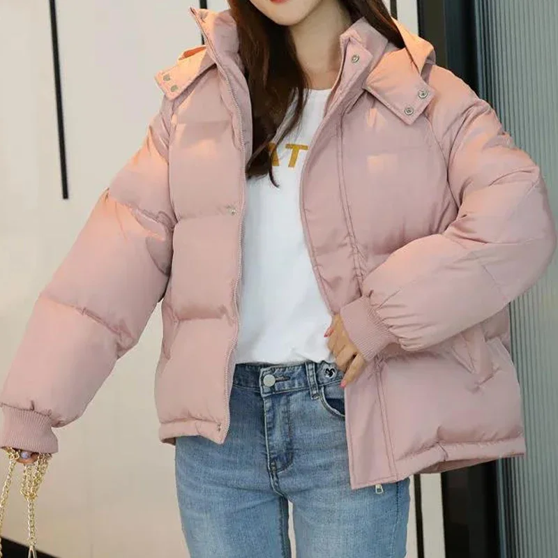 2021 Winter Women\'s Hooded Zipper Loose Down Jacket Women\'s Solid Color Short Thick Padded Jacket New