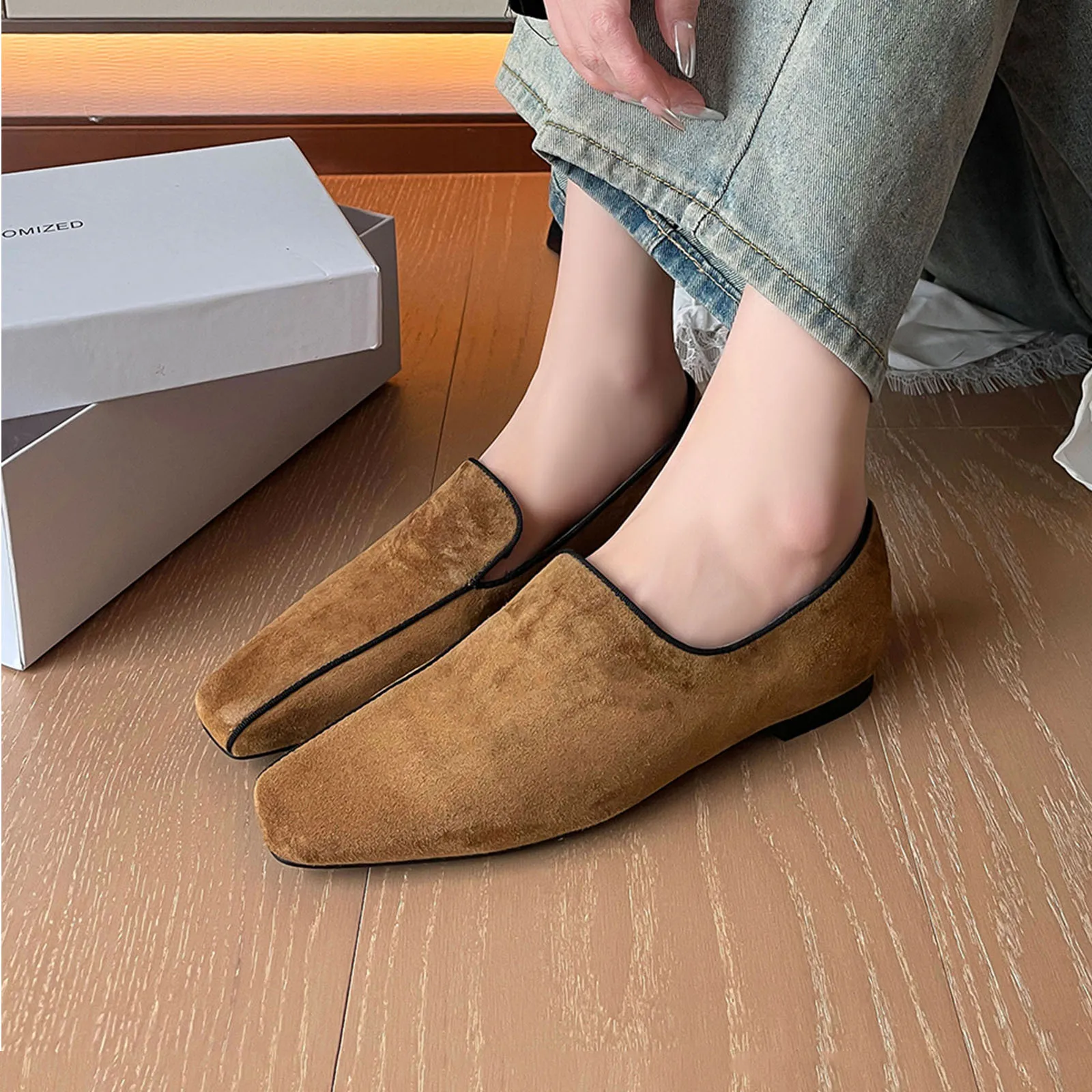 Arden Furtado 2025 Spring Sheep suede Flats Loafers Square toe pull-on Low heel large size Retro style Single shoe Lazy shoe