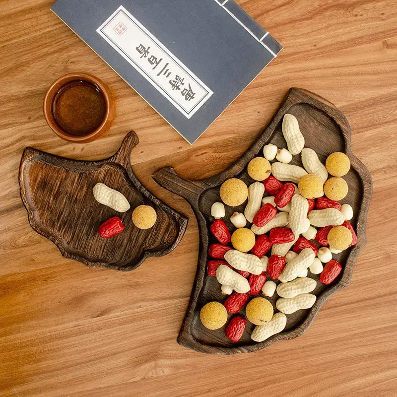 Japanese style creative tree leaf household tea tray, banana leaf wooden tray, solid wood fruit tray