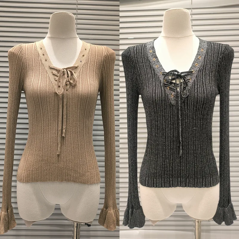 

Ele V-Ne Long Sve вязаный топ, женский облегающий повседневный топ с перекрестной завязкой, элитный Sle, парижская модная повседневная одежда