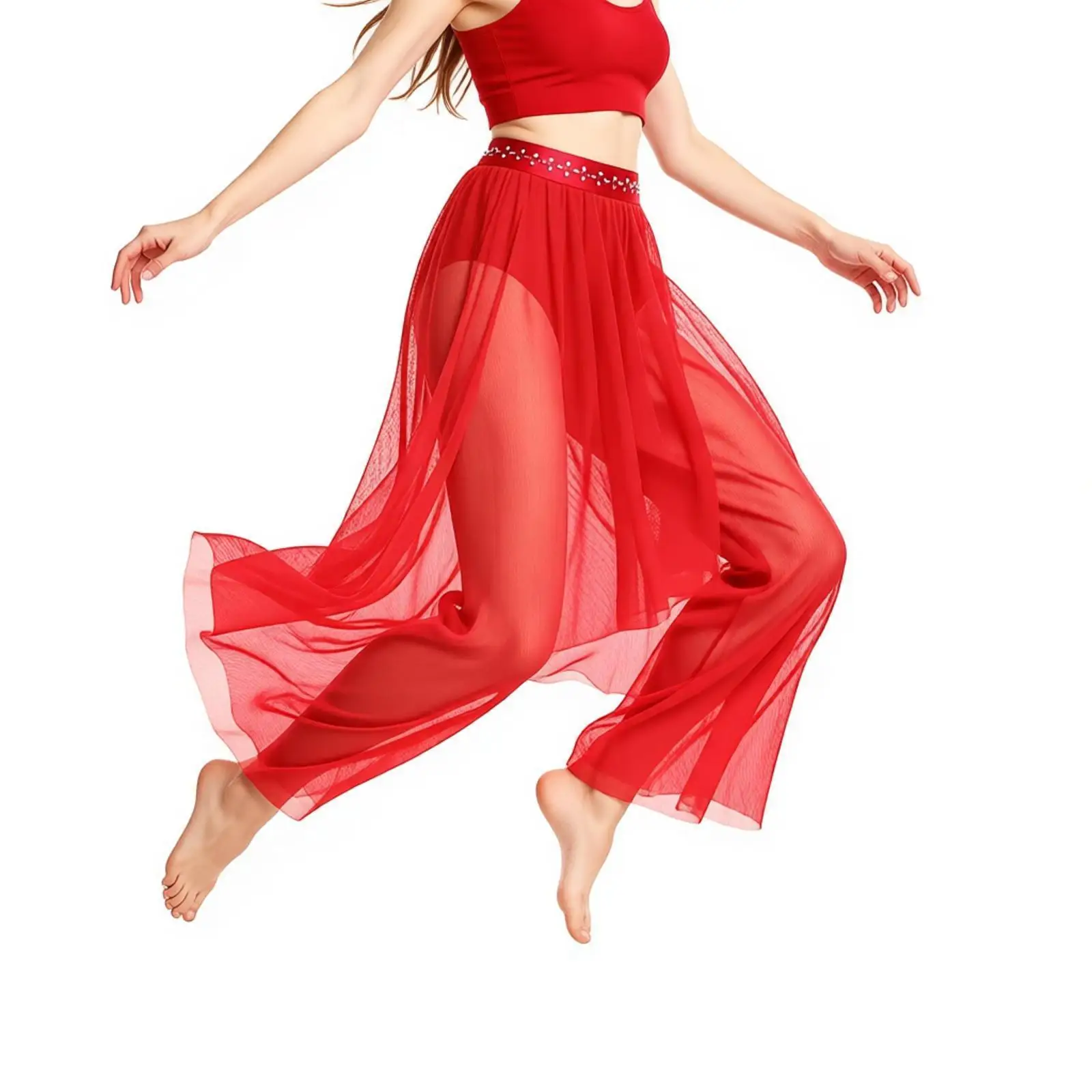 

Womens Lyrical Dance Mesh Pants Shiny Waistband Loose Leg Irregular Overlay Built-in Briefs Dance Bottom Contemporary Dancewear