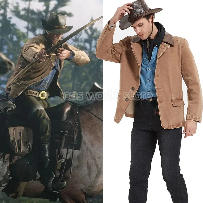 Game RDR2 Arthur Morgan Same Style Jacket Western Denim Cosplay Costumes Fashion Casual Jacket Coat For Men Stripe Shirt CFDF77G