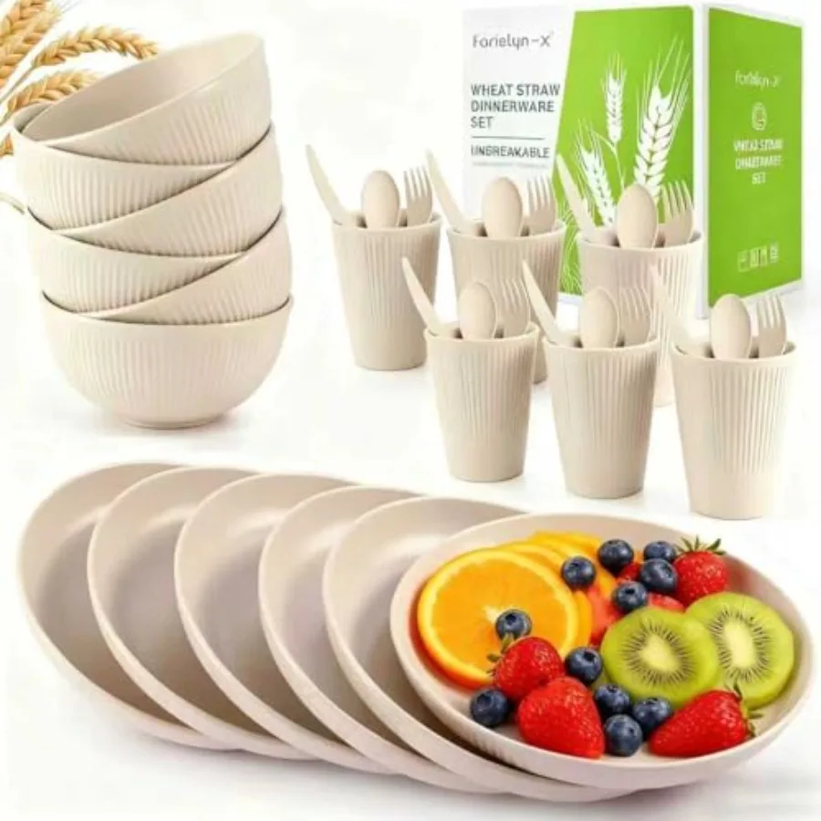 

36Piece Wheat Straw Dinnerware Sets for 6 Unbreakable Reusable Kitchen Tableware with Cups Plates Bowls and Cutlery Microwave a