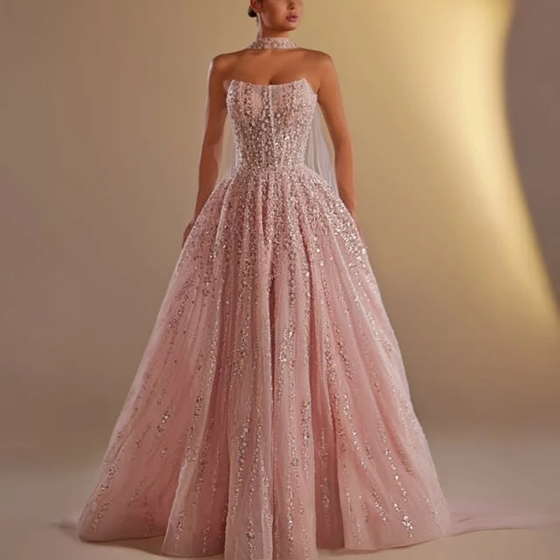 customized Shiny Pink Dresses High Low Cheap Dress Formal Party Prom crystal Tull Gowns Wear Gown