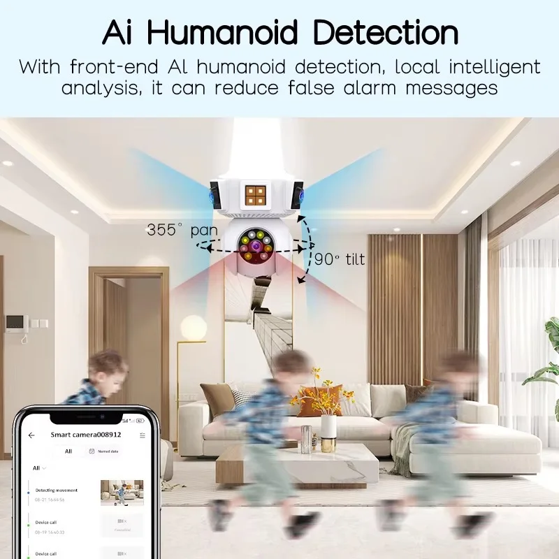 6MP V380pro APP Triple Lens Full Color E27 Wireless PTZ IP Dome Camera AI Humanoid Detection Home Security CCTV Baby Monitor