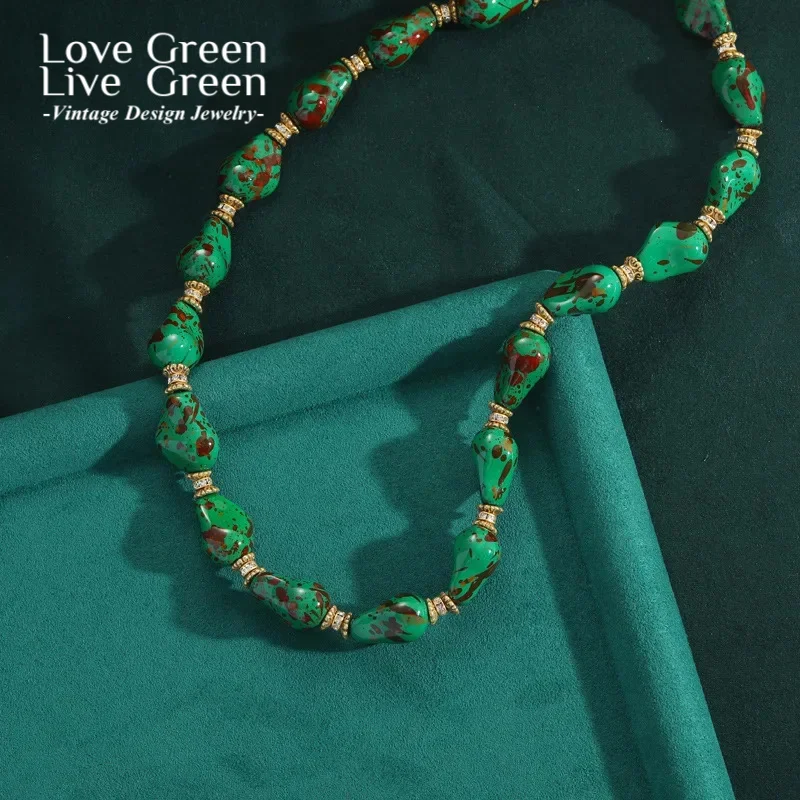 

Европейские винтажные ювелирные изделия, ожерелье с бусинами, зеленый натуральный камень, женские аксессуары для красоты, цепочка в стиле ретро, тренды 2025 года