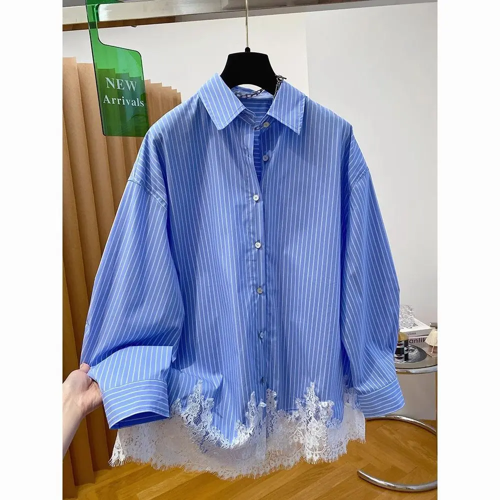 قميص مخطط أزرق بأكمام طويلة مُزين بالدانتيل بلوزات نسائية أنيقة قمصان وبلوزات صيفية