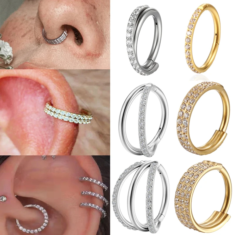 F136 Titanium Piercing Double Layered Triple Stack Hinged 16g Zircon Nose Ring Helix Cartilage CZ Small Cartilage Septum Clicker