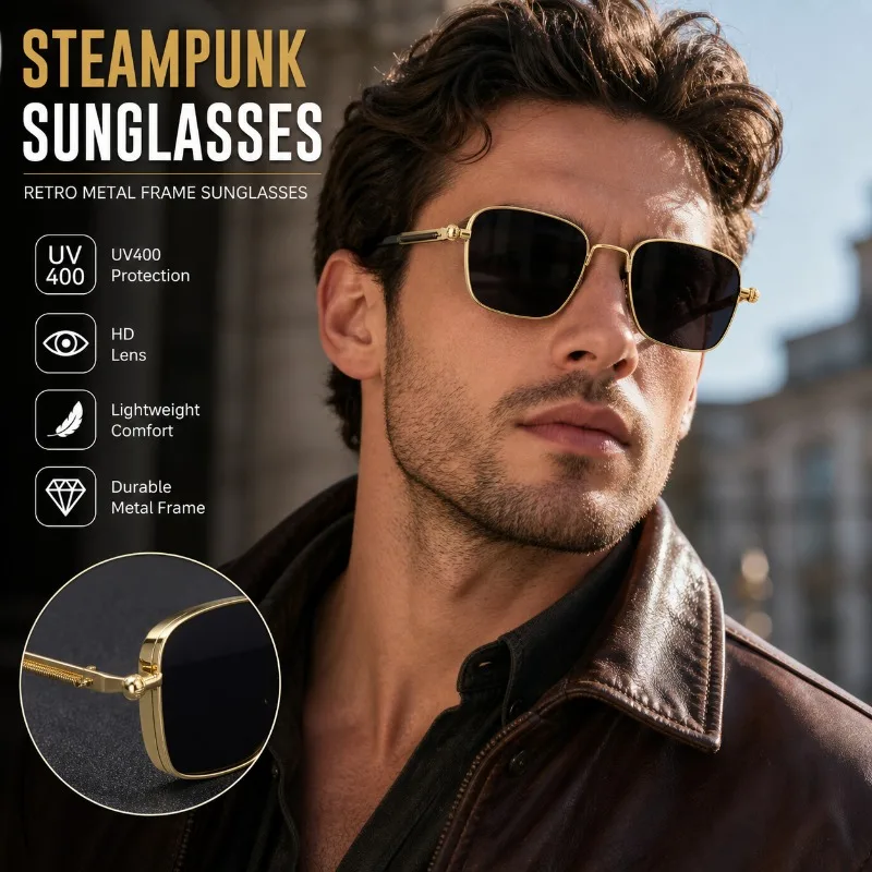 New Steampunk Retro Square Metal Frame Sunglasses Luxury Men Eyewear with Spring Hinge Future Tech Style