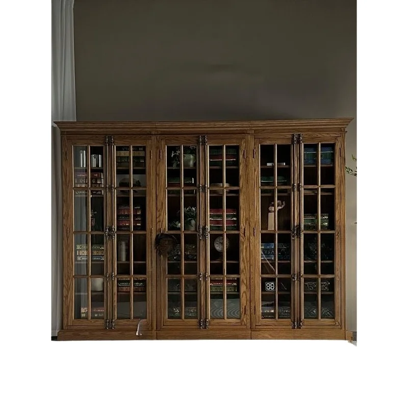 American old red oak full main material villa furniture bookcase, living room display cabinet combination cabinet light luxury