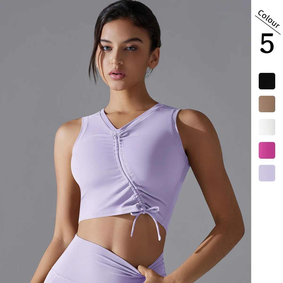 

solid color diagonal drawstring high elastic mid-length one-cup sports bra casual running and cycling fitness yoga wear bra vest