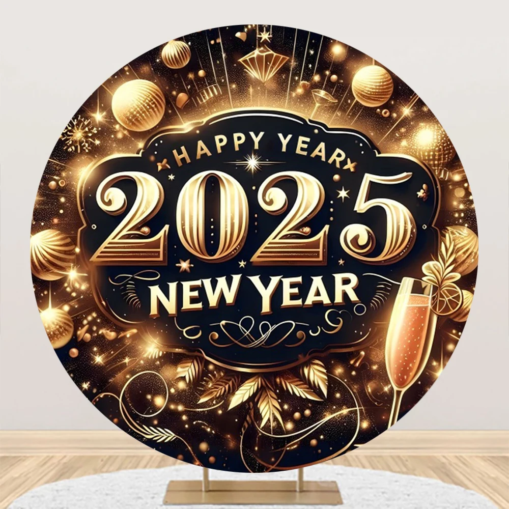 2025 Happy New Year Round Backdrop Cover Clock Firework Gifts Champagne Bell Family Party Circle Photography Background Decor