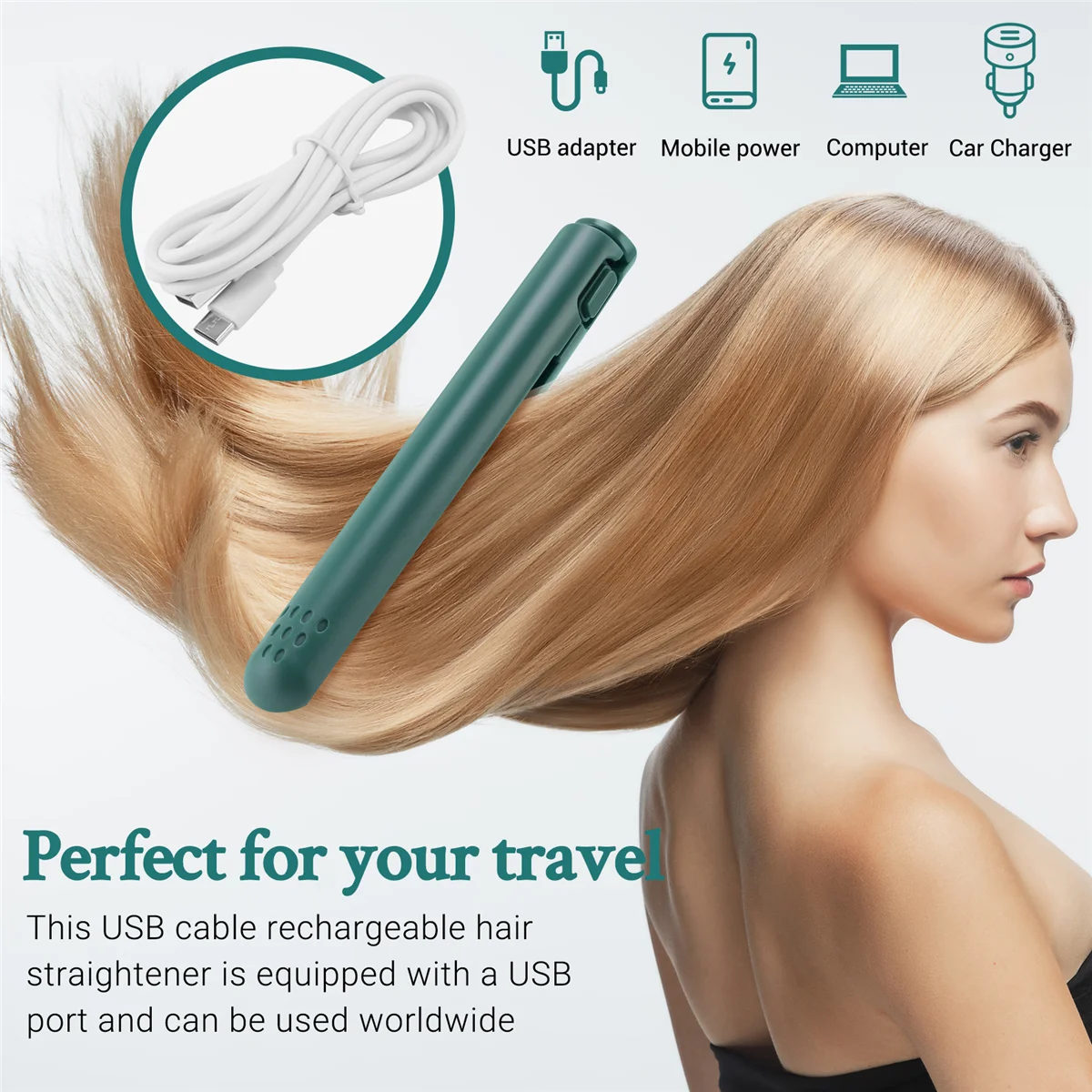 مكواة فرد الشعر كابل USB صغيرة محمولة لفرد الشعر المستقيم والشباك ذات الاستخدام المزدوج للطلاب باللون الأخضر