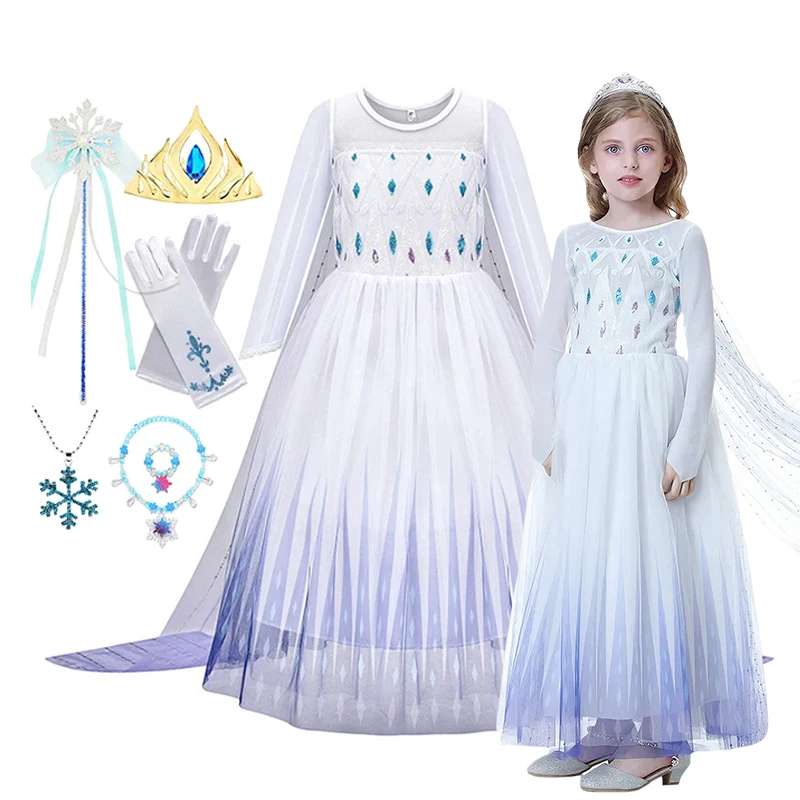 

White SnowQueen Elsa Gown Disney Frozen Cosplay Dress For Little Girls Holiday Birthday Carnival Role Play Fancy Vestidos Outfit
