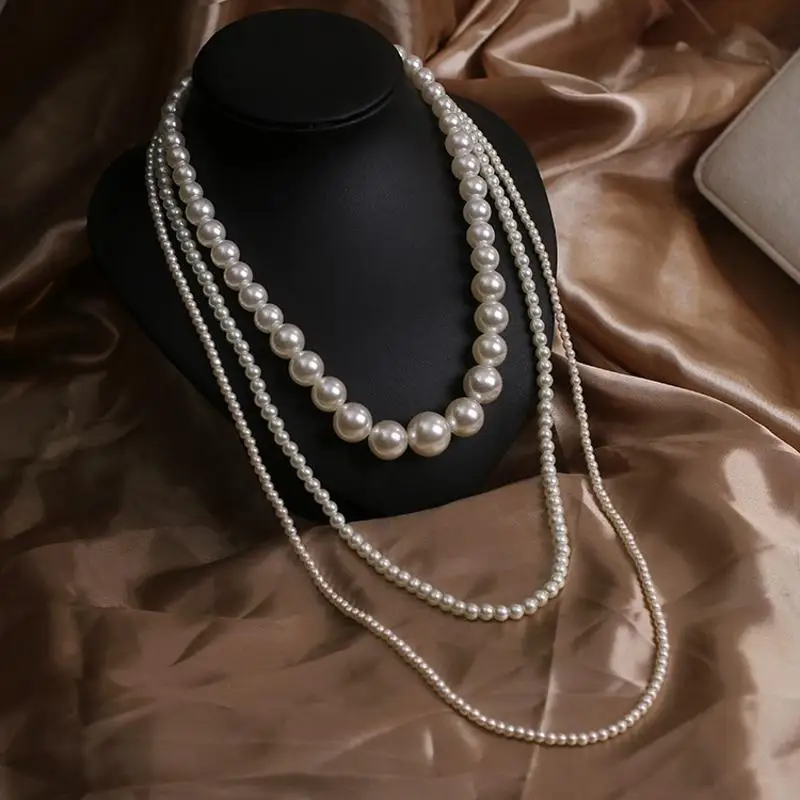 UILZ White Alloy Imitation Pearl Necklaces For Women Fashion 3 Layer Double Button Necklace Evening Party Jewelry