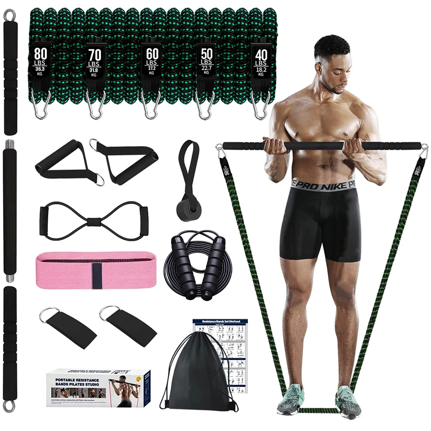 Pilates Bar Kit with Resistance Bands Set 300LBS 150LBS Elastic Bands Fitness Stick Bodybuilding Workout Bar Home Gym Equipment