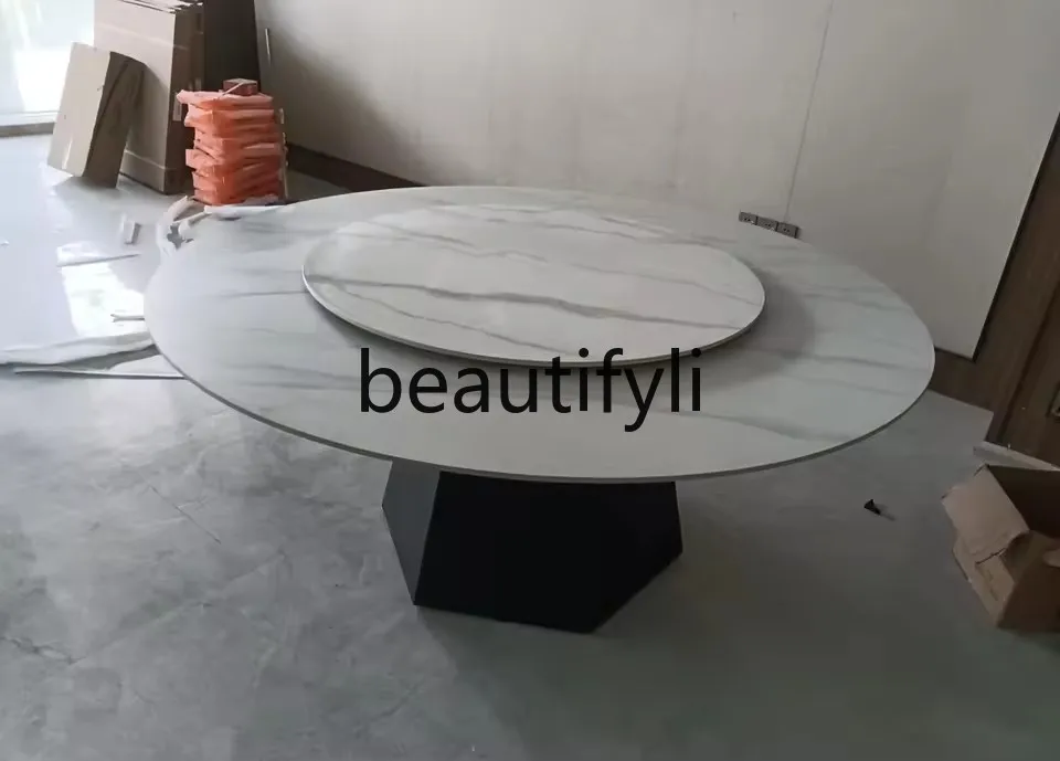 

Italian light luxury rock slab dining table and chair combination household round marble dining table with turntable