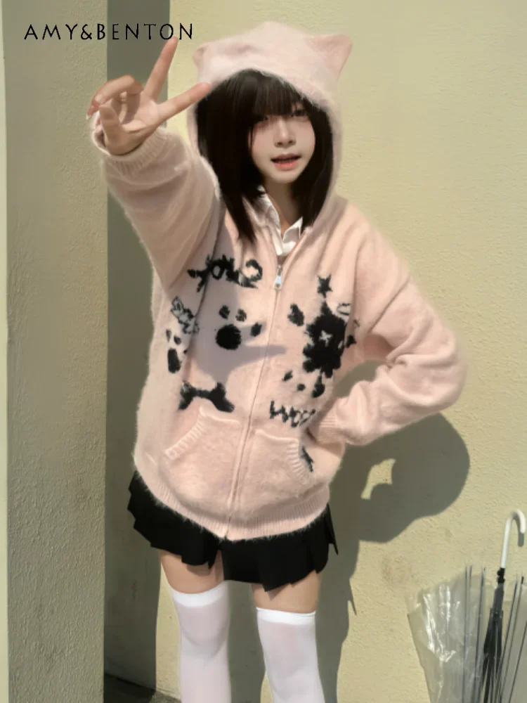 Harajuku Sweet Cool Girl Mink Hair Knitted Cardigan Women Subculture Two-dimensional Cartoon Print Goth Hooded Knitted Cardigans