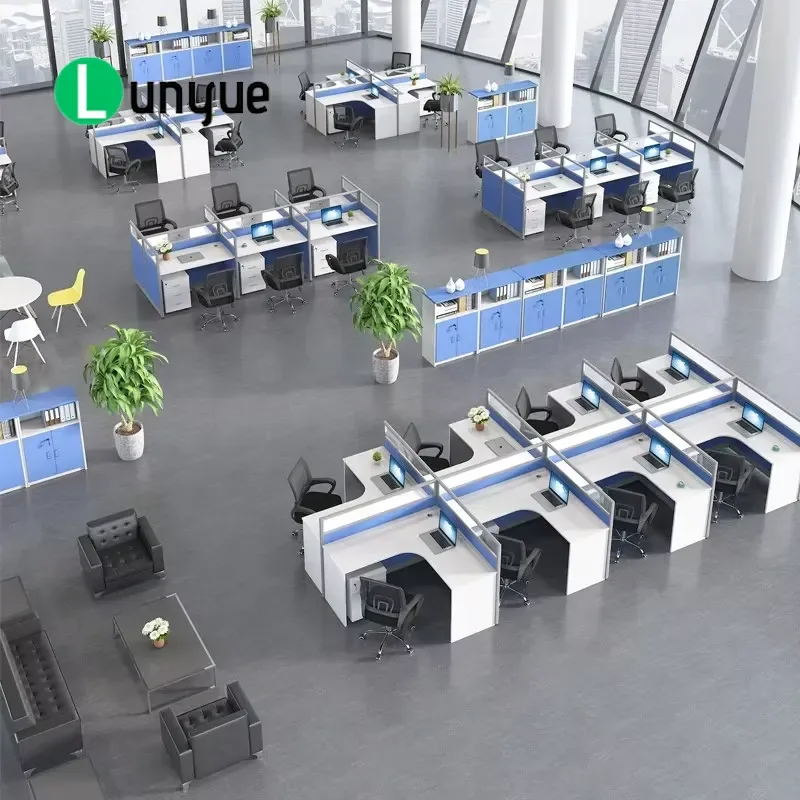 Custom T-Modular Office Desk for 2 People with Cabinet and Screen Partition Staff Workstation Furniture