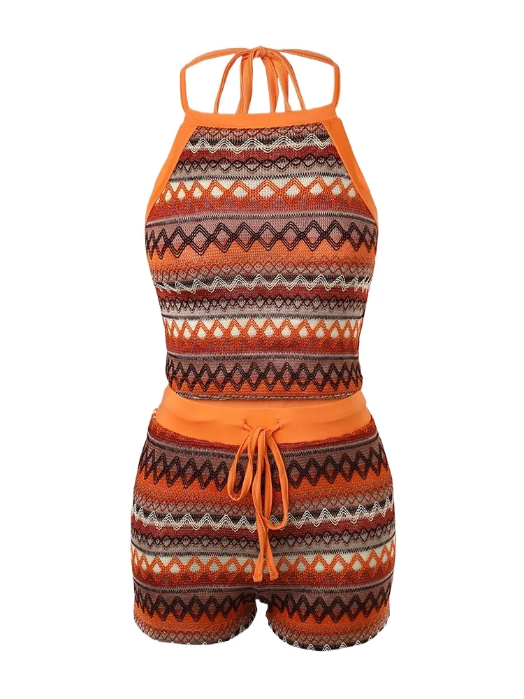 Geometric Print Shorts Set Women 2 Piece Outfits Fashion 2024 Summer Casual Pattern Halter Top and Drawstring Short Pants Sets