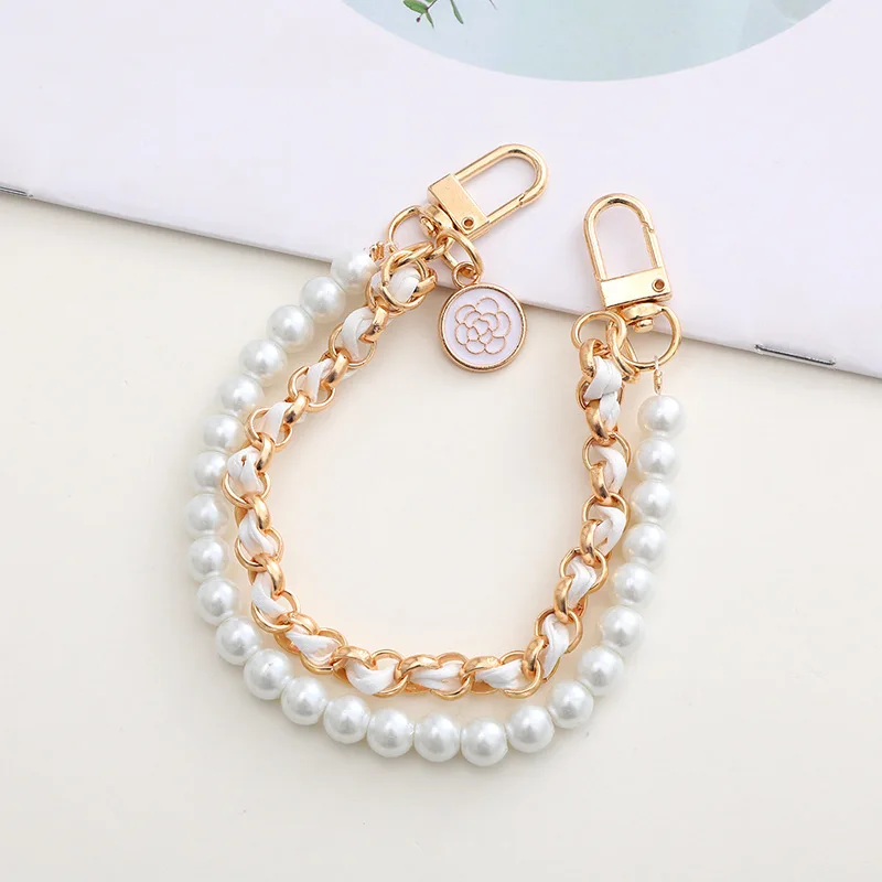 Camellia Pearl Mobile Phone Charm keychain Chain Girl Woman Cell Phone Case Fashion Pendant Key Strap Rope With Universal Clip