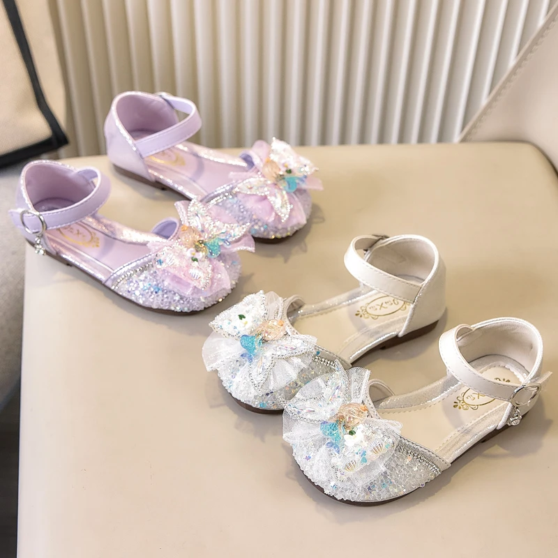 

Girls Half Sandals Children Princess Bow Glitter Sequins Rhinestone Shoes Non-slip Soft Sole Little Kids Round Toes Flats Shoes