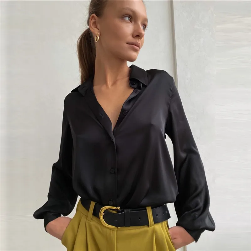 

Spring Summer Women Satin Button Up Shirt New Elegant Solid Color Lapel Long Sleeve Tops Office Slim Fit Blouses Women's blusas
