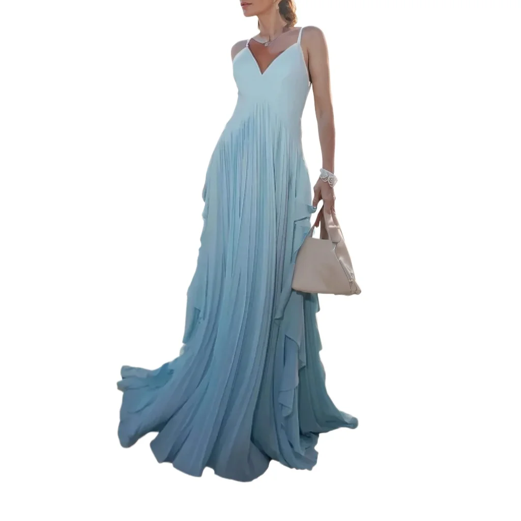 

Elegant Pendulum Ruffles V-neck Open Back Spaghetti Straps Pleated Long Formal Evening Dress Blue