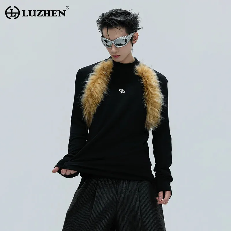 

LUZHEN Fashion Personalized High Quality Imitation Fur Patchwork Design Slim Knitted Pullover Men's Winter Casual Sweater JY4802