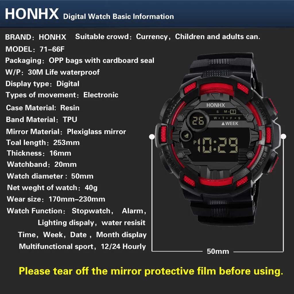 Multifunction Digital Watch Man Sport Electronic Waterproof Black Hand Clock Boy Casual Shockproof LED Fashion Wristwatch Male