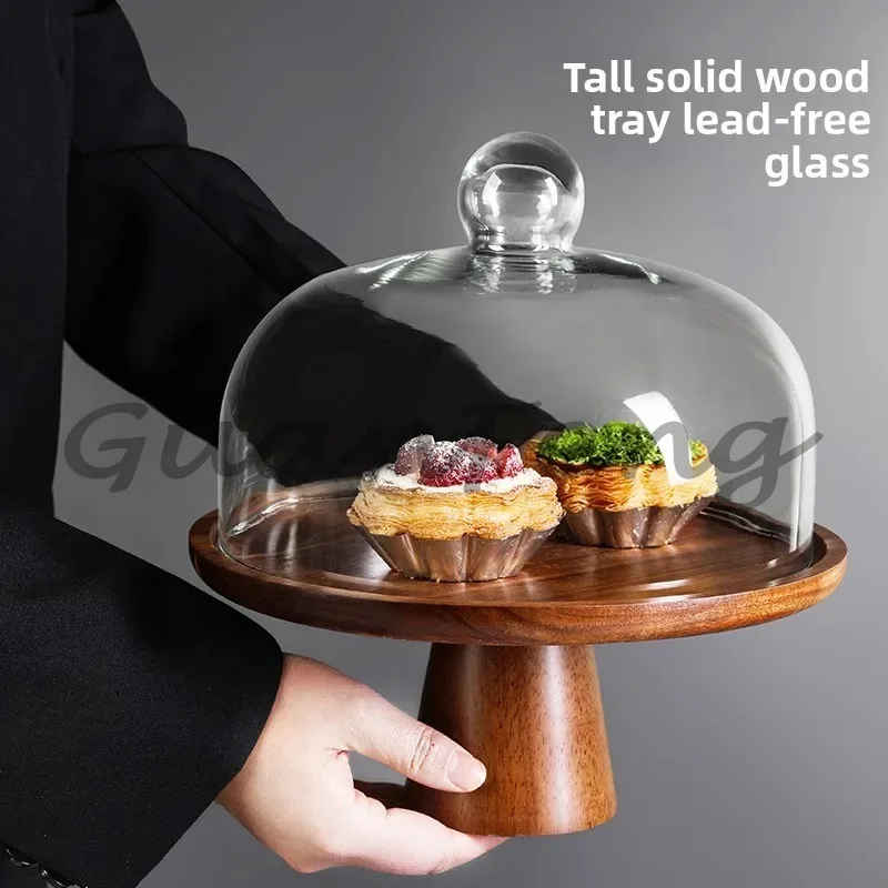 Wooden Tall Cake Display Tray with Glass Cover Dessert Stand for Afternoon Tea Chinese Pastry