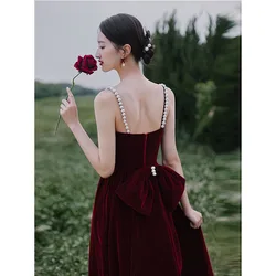 Vintage Burgundy Evening Dresses Fashion Spaghetti Strap Tea-length Vestidos Sexy Backless  Robe Soiree custom made Customized