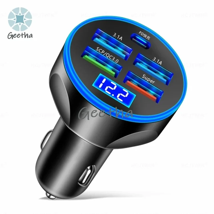 For WGS-G37 5 in 1 Digital Display Super Fast Charging Car Charger with Voltmeter