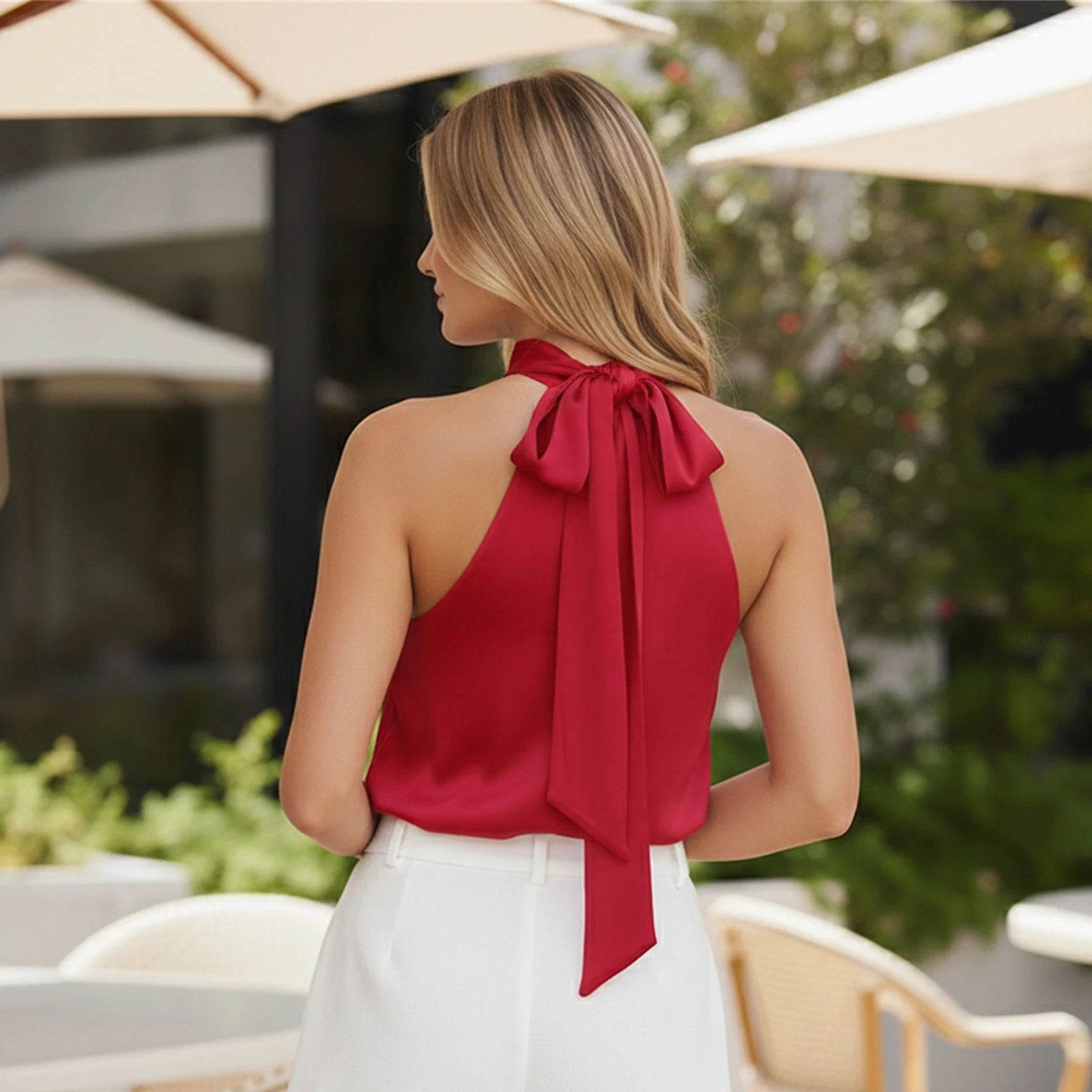 Women's Halter Tanks Stylish High Neck Bow Tie Back Sleeveless Vest Solid Color Going Out Tops