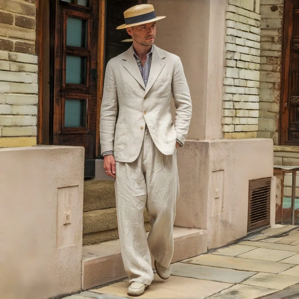 Trajes de Lino Beige Relajados de 2 Piezas Estilo Vintage Años 70 para Hombre, Traje de Novio para Boda, Blazer y Pantalones, Ropa Hombre