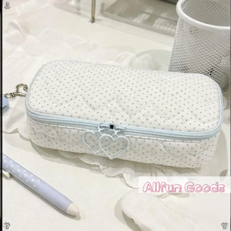 [TG835]Portable Polka Dot Print Pencil Case Quilted Heart Double Zipper Pen Bag Large Capacity Stationery Pouch Gift