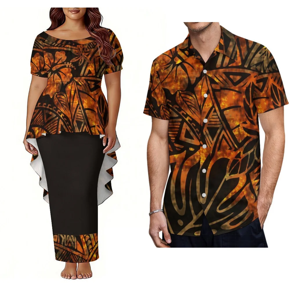 2026 Polynesian Island Custom Red Puletasi Women'S Top And Long Dress Dress-Up Set As Well As Men'S Shirt Couple Set