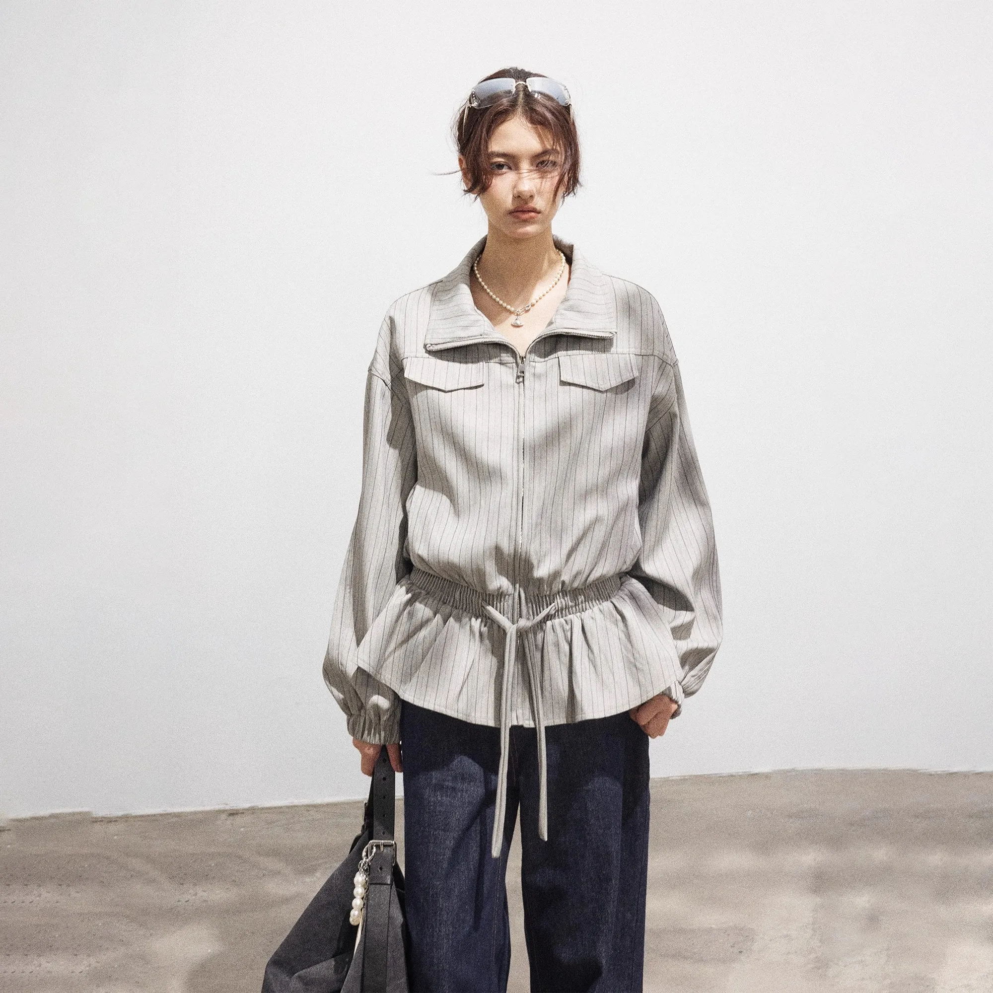 

Collar Striped Drawstring Jacket, Stand Up Zipper Jacket, Casual Commuting Top, Autumn