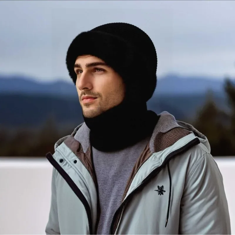 Soft Winter Thickened Fleece Lined Knitted Hat for Men Women Solid Color Outdoor Versatile Scarf Integrated Beanie