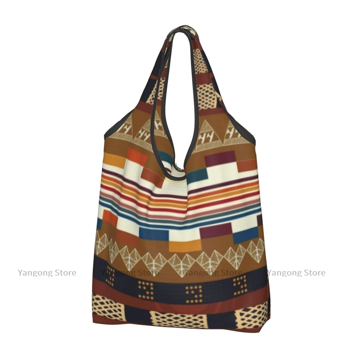 

Foldable Shopping Bag Tribal Stripes And Heart Tote Folding Pouch Handbag Convenient Travel Grocery Bag