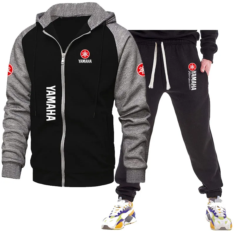 2026 Yamaha  Logo New Men's Personalized Color Block and Fleece Zipper Hooded Cardigan Slim Sweatshirt Set Men's Clothing