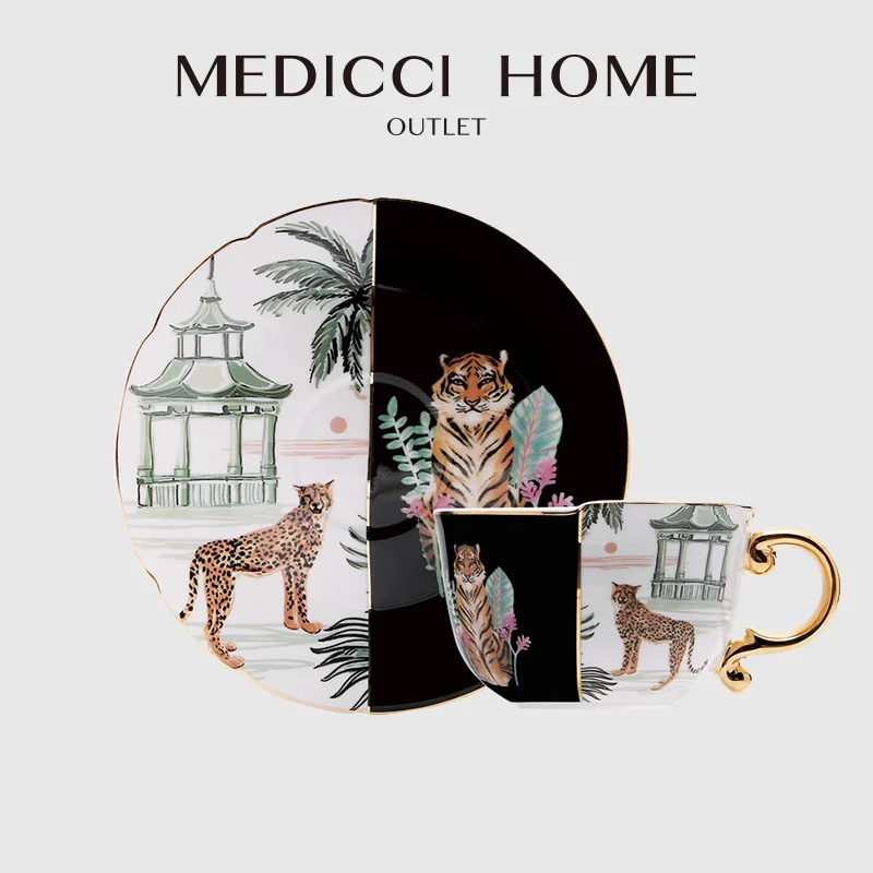 

Medicci Home Oriental Style Irregular Coffee Cup And Saucer Tiger Pagoda Print Retro Black Ceramic Tea Coffee Cup With Gold Trim