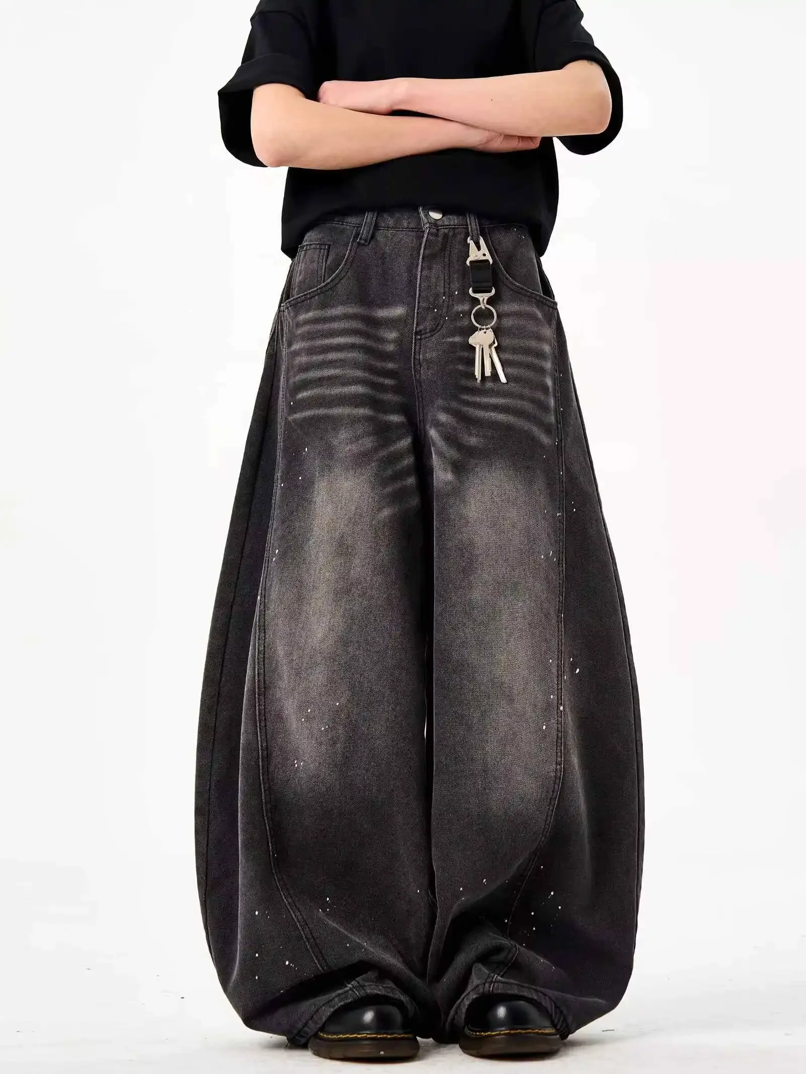 بنطلون جينز نسائي أسود قوطي Y2k هاراجوكو 90s عتيق كبير الحجم من قماش الدنيم بنطلون جينز فضفاض على الطراز الياباني 2000s 2025